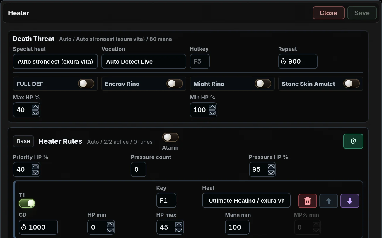 The healing editor: the emergency heal with its defence and ring gates, the alarm switch, and the first healing tier with its hotkey and thresholds.
