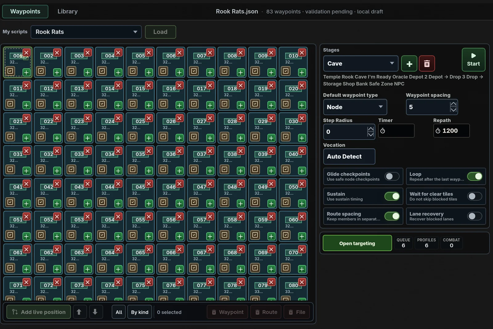 A capture of the route workspace: the saved route list, the waypoint grid of an 83-waypoint hunt, and the stage settings that close one full loop.